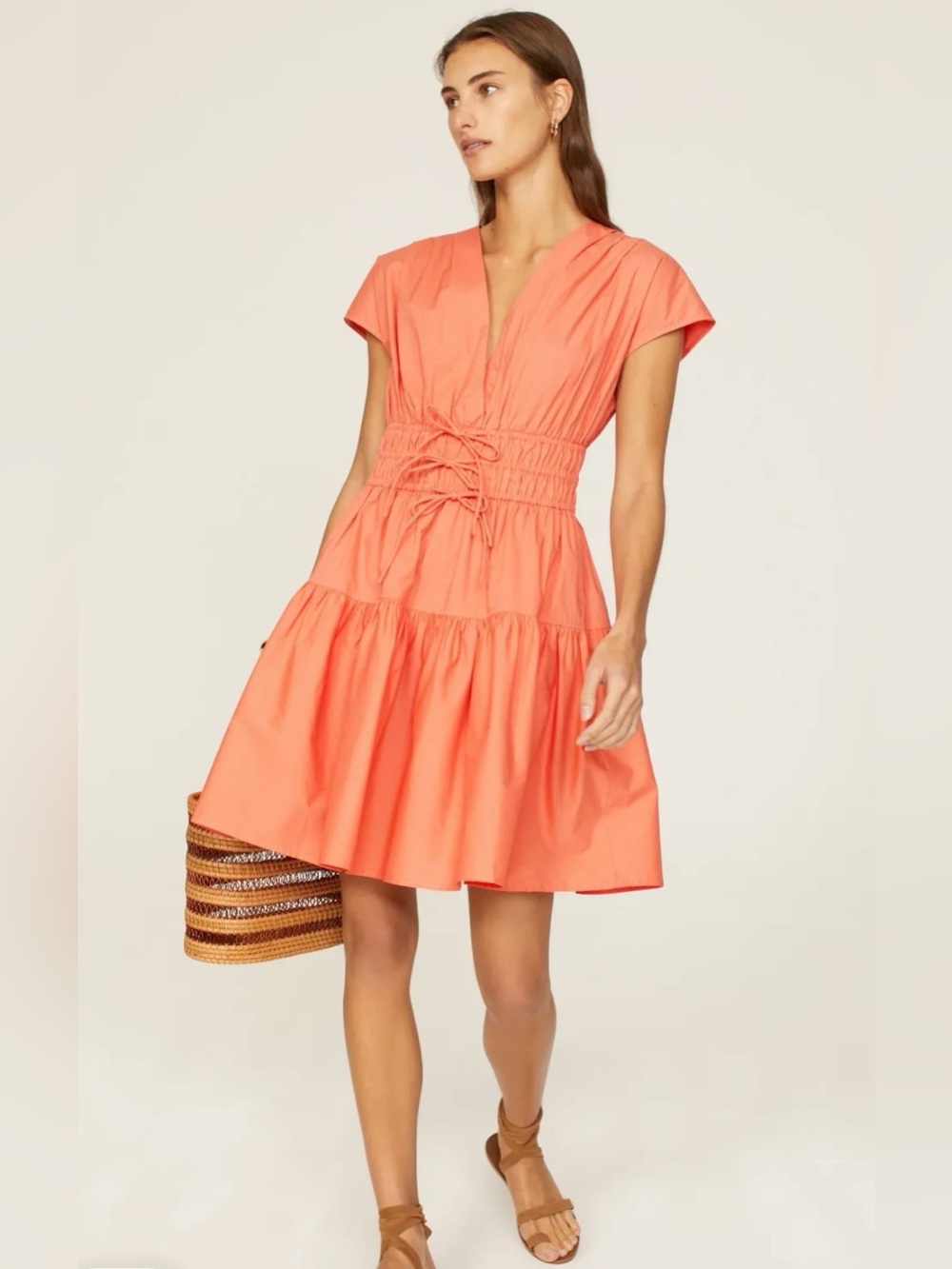 Derek Lam 10 Crosby Orange Tie Waist Mini Dress Sz 6 100% Cotton Women’s Coral